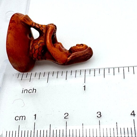 Ojime Bead Netsuke Mermaid Seated on Rock Hand-Carved Boxwood Signed Figurine - Picture 4 of 9